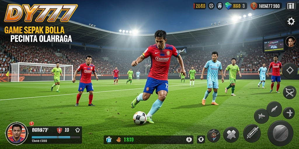 Screenshot gameplay <strong>DY777</strong> yang menunjukkan aksi pertandingan sepak bola yang intens.