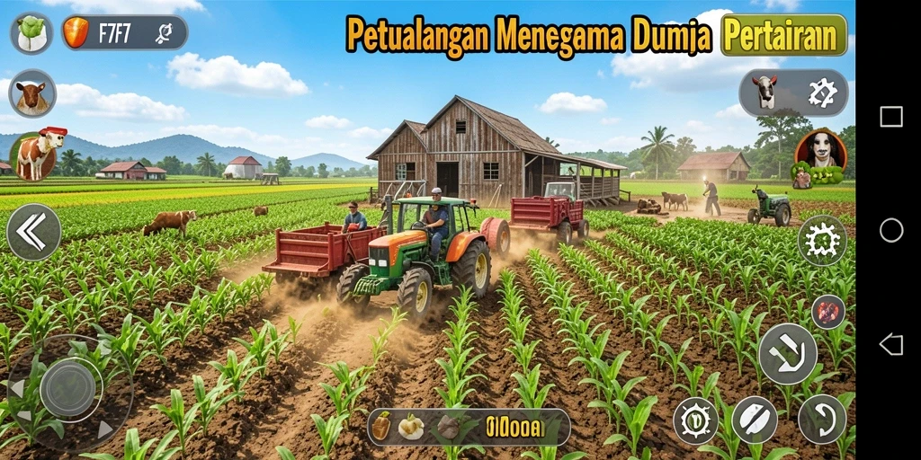 Screenshot gameplay <strong>F7F7</strong> menampilkan ladang dan proses panen yang memukau.