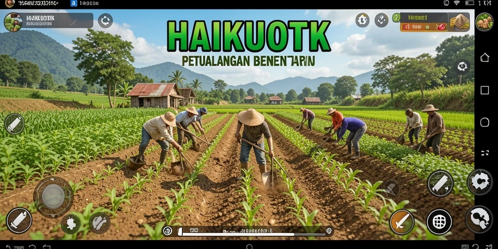 Screenshot gameplay HAIKUOTK menampilkan kebun yang subur dan aktivitas bertani.