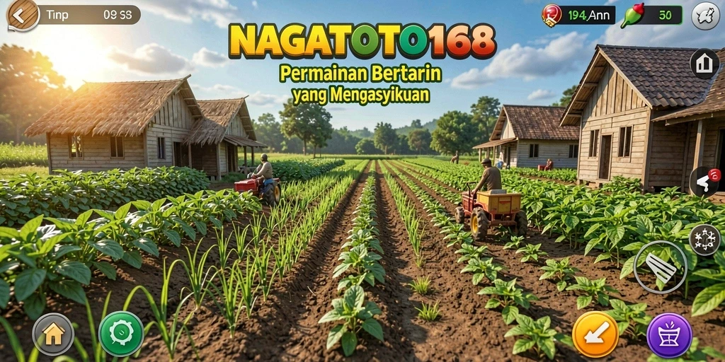 Tampilan gameplay <strong>NAGATOTO168</strong> dengan kebun yang subur dan aktivitas bertani.